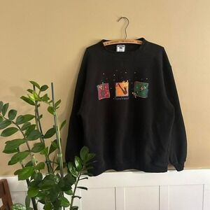 Black y2k soft comfy crewneck sweatshirt with music instruments design Size L